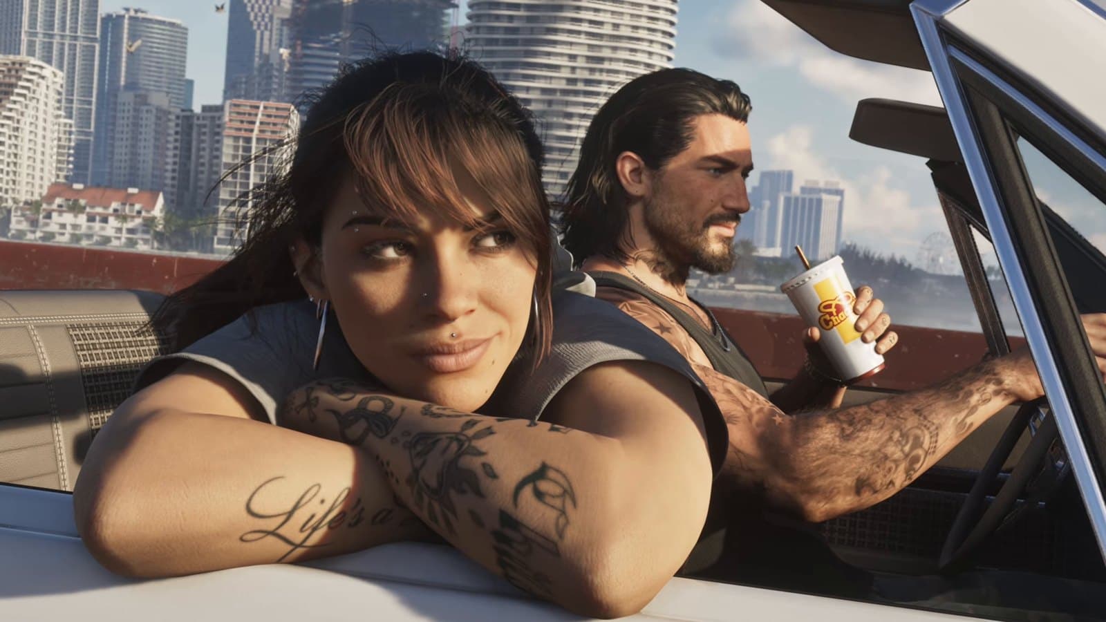 Jason and Lucia driving through Vice City